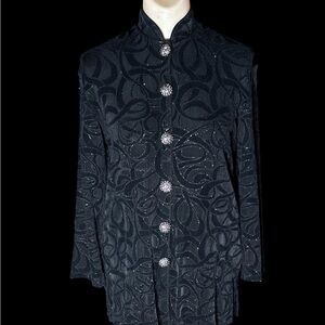 Vintage 1990s Velvet Rhinestone Button Front Jacket Mandarin Collar Medium